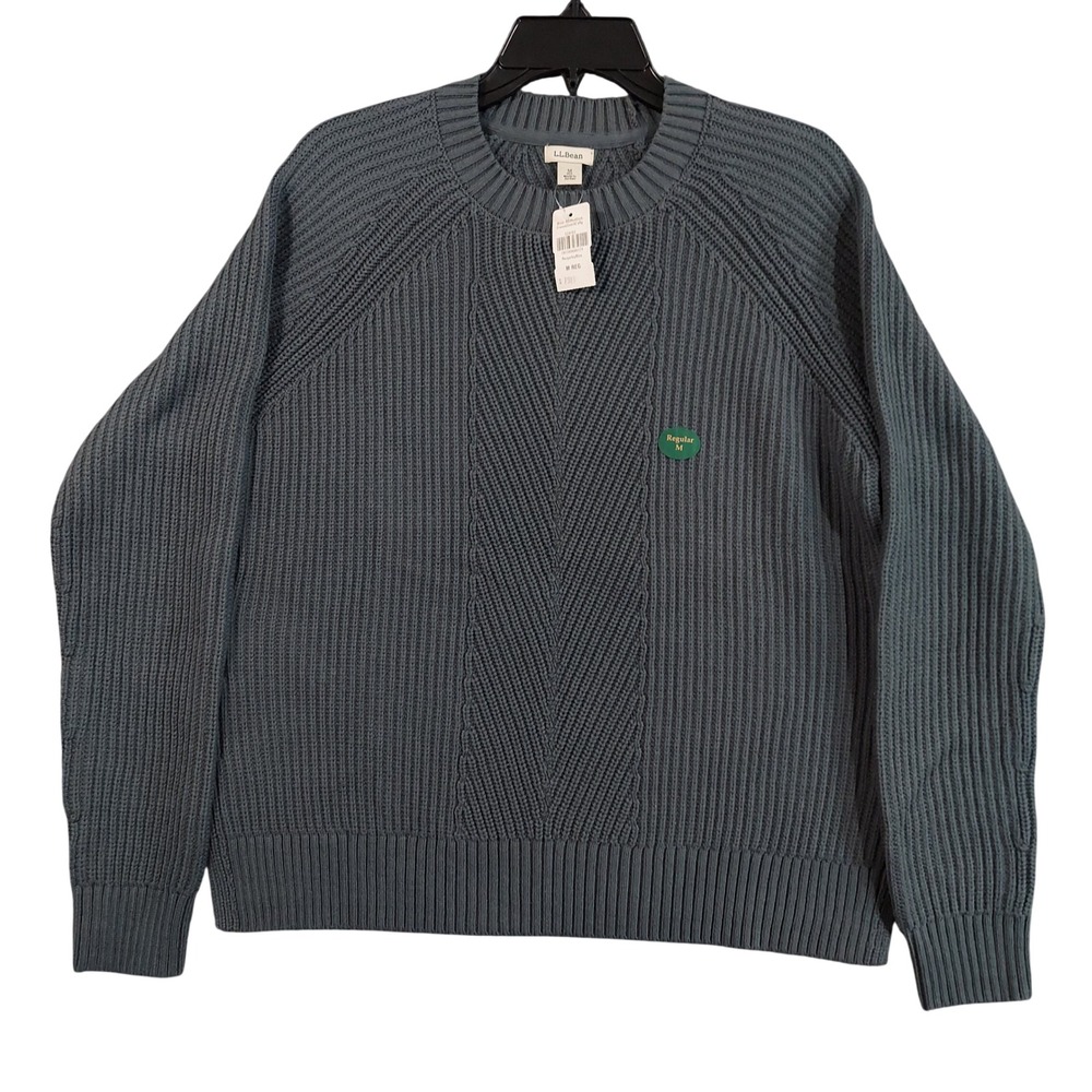 L.L.Bean Mariner Rib Mixed Stitch Crewneck Sweater Womens M Rangeley Blue 524763
